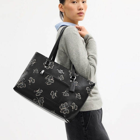 NWT Coach Station Tote Bag With Butterfly Print Silver Black CCK87 in Leather - Picture 2 of 15